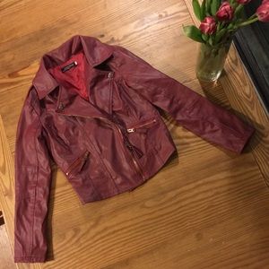 Red Faux leather short bomber jacket